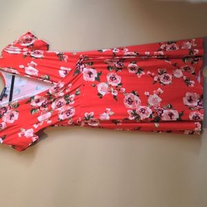 Large red floral wrap dress